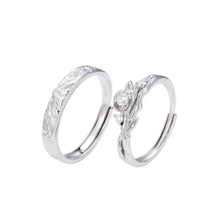 1 Pair 999 Sterling Silver Snow Mountain Rose Couple Rings, Romantic Carved Design, For Daily Wear & Valentine’s Gifts