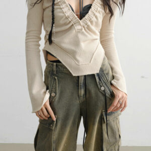 Deep V Knit Bottoming Shirt With Raw Edge Stitching