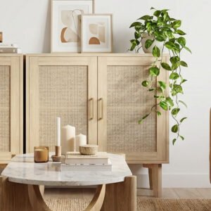 Buffet Cabinet With Rattan Decor Doors Solid Wood Feet Multifunctional Sideboard Cabinet For Dining Room Kitchen Light Oak