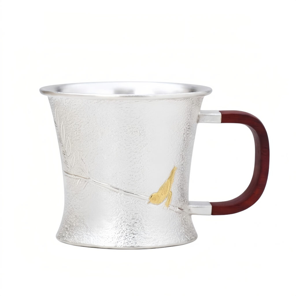 Pure 999 Fine Silver Elegant Textured Silver Mug with Gilded Bird Motif and Wood Handle - Handicraft