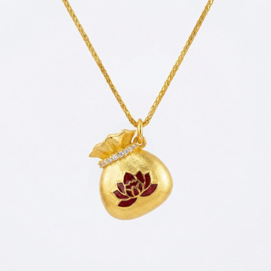 925 Sterling Silver Elegant Fortune Bag Pendant Necklace with Red Lotus Enamel and Sparkling Accents