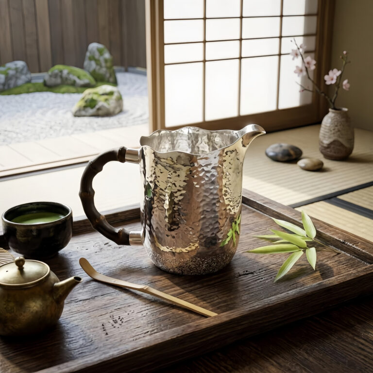 Pure 999 Fine Silver Elegant Hand-Hammered Silver Pitcher with Artistic Dark Bamboo Wooden Handle - Handicraft