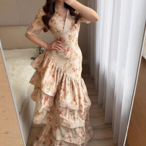 V-neck Floral Ruffled Slim-fit Long Mermaid Dress