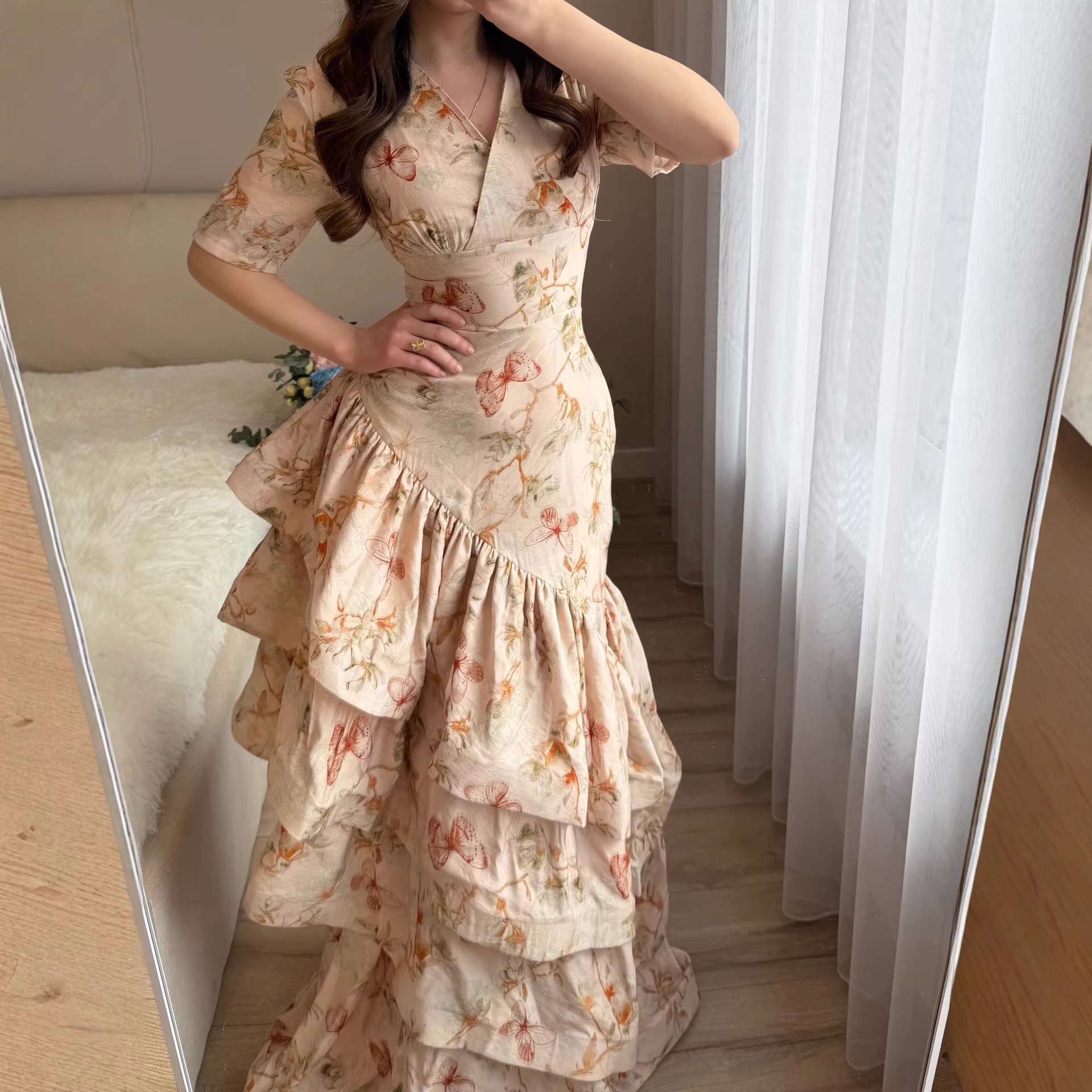 V-neck Floral Ruffled Slim-fit Long Mermaid Dress