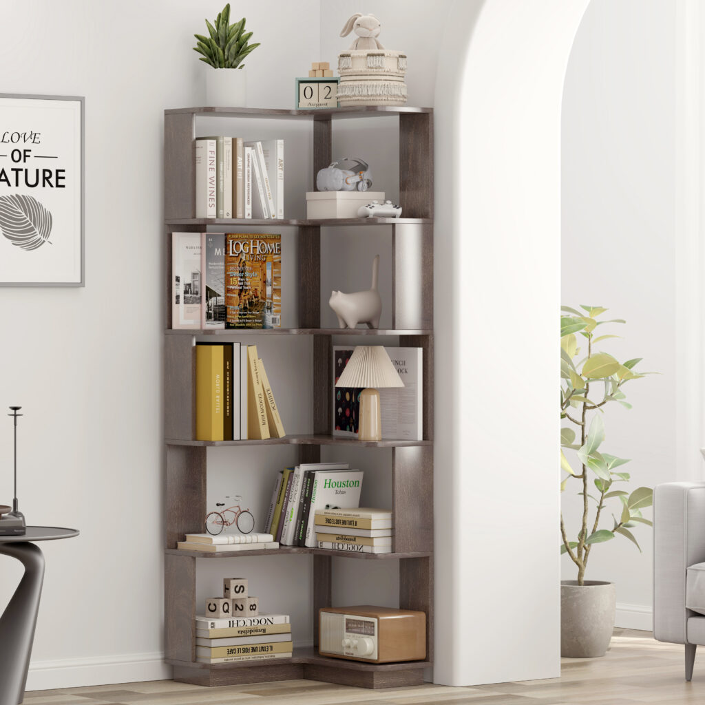 6 Tier Freestanding L-Shaped Corner Bookshelf For Living Room, Bedroom, Wooden Bookcase With Anti-drop Panle & Anti Tipping Device, Display Shelf Open Storage Rack Organizer For Home Office DARK BROWN