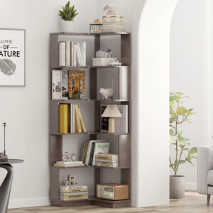 6 Tier Freestanding L-Shaped Corner Bookshelf For Living Room, Bedroom, Wooden Bookcase With Anti-drop Panle & Anti Tipping Device, Display Shelf Open Storage Rack Organizer For Home Office DARK BROWN