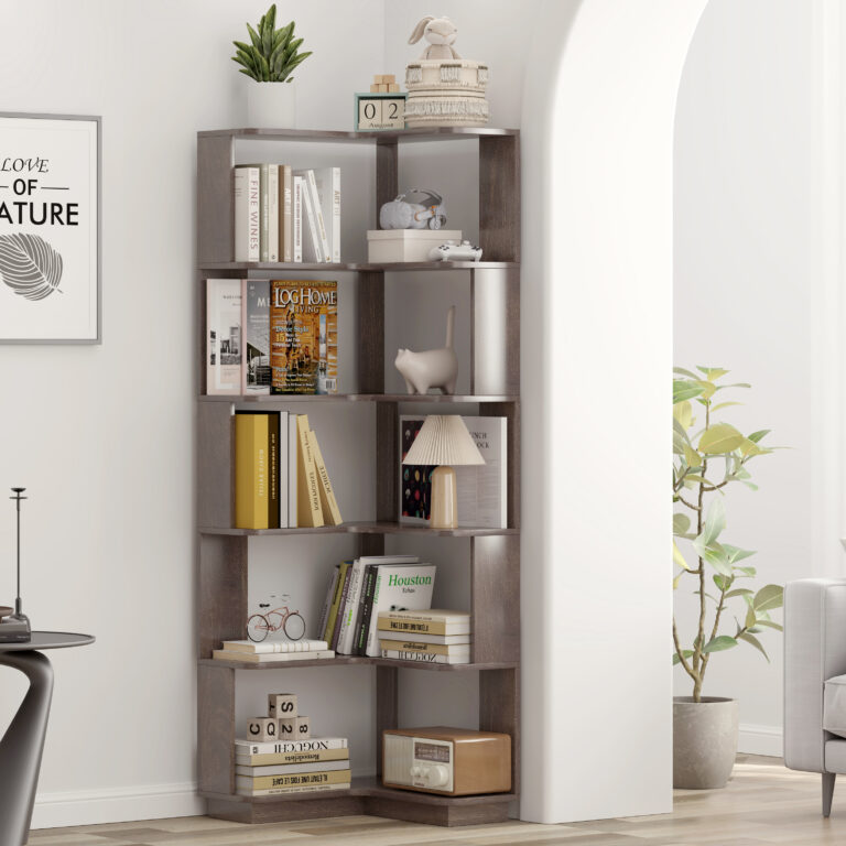 6 Tier Freestanding L-Shaped Corner Bookshelf For Living Room, Bedroom, Wooden Bookcase With Anti-drop Panle & Anti Tipping Device, Display Shelf Open Storage Rack Organizer For Home Office DARK BROWN