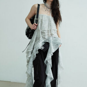 Sheer Lace Asymmetrical Ruffled Strapless Skirt