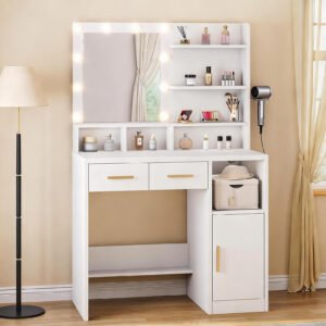 Vanity Desk White Easy Assembly Makeup Table With Mirror 3 Color LED Bulbs Power Outlet Open Storage Shelves Cabinet Drawers For Bedroom