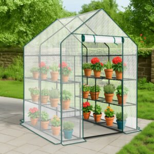 Mini Walk-in Greenhouse With PE Cover, 8-Shelf Indoor Outdoor Plant Gardening Green House For Garden Backyard, 56inch X 56inch X 77inch, White