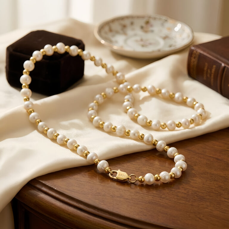 925 Sterling Silver Elegant Freshwater Pearl Necklace with Gilded Metallic Beads and S925 Sterling Silver Clasp