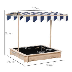 Sandkasten 106×106 Cm Kinder Sandbox Aus Holz Mit Höhenverstellbar Abdeckung Sitzbänken Rücklehnen Blau