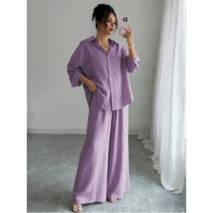 Chic Two-piece Set Plus-size Casual Shirt And High-waisted Wide-leg Pants Suit