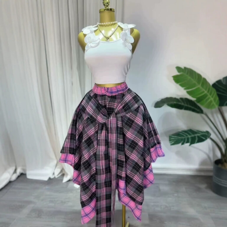 High-waisted Plaid A-line Skirt With Tie Detailing And An Asymmetric