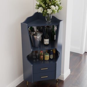 Wooden Corner Bar Cabinet With 2 Open Storage Shelves And 2 Drawers, Mirrored Back Sideboard Cabinet, High Feet Legs For Easy Cleaning, Buffet Cabinet BLUE