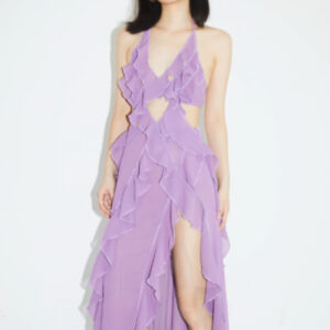 Asymmetrical Deep-V Dress With Geometric Cutout And Ruffled Hem