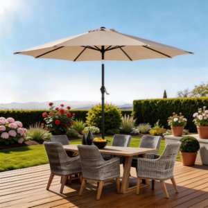 7.5FT Round Outdoor Patio Umbrella With Tilt Adjustment, Crank Lift System, 6 Iron Ribs & Iron Pole, Waterproof UV Protected Polyester Canopy, Khaki