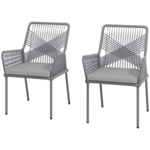 2er-Set Gartenstühle, Terrassenstühle, Waschbare Kissen, Rückenlehne, Armlehnen, Stahl, Rattan, Dunkelgrau