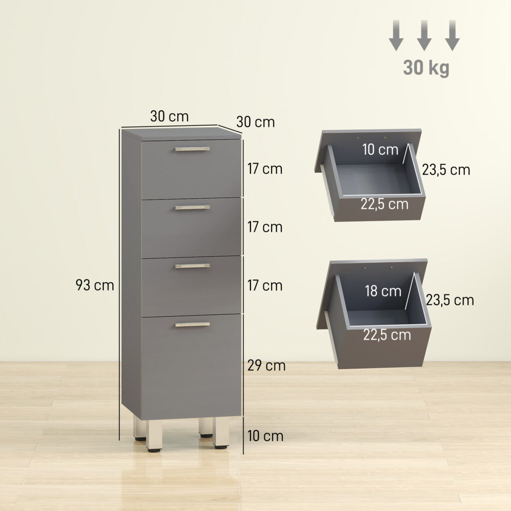 Badezimmerschrank, Badschrank, 4 Schubladen, Spanplatte, Glatt, Grau