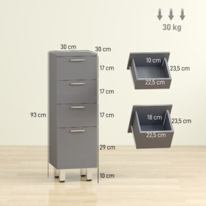 Badezimmerschrank, Badschrank, 4 Schubladen, Spanplatte, Glatt, Grau
