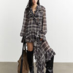 Asymmetrical Chiffon Plaid Shirt Dress With Ruffled Hem
