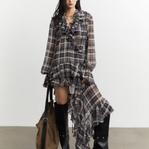 Asymmetrical Chiffon Plaid Shirt Dress With Ruffled Hem