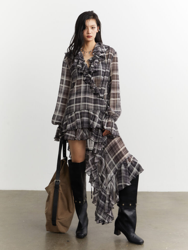 Asymmetrical Chiffon Plaid Shirt Dress With Ruffled Hem