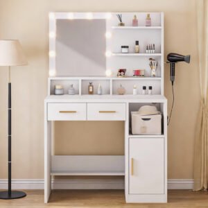 Vanity Desk White Easy Assembly Makeup Table With Mirror 3 Color LED Bulbs Power Outlet Open Storage Shelves Cabinet Drawers For Bedroom