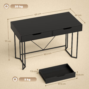 Kleiner Computertisch Mit 2 Schubladen, Schreibtisch Mit Großer Arbeitsfläche 120 X 60 X 77 Cm Schwarz