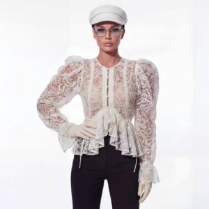 Round-neck Flared-sleeve Slim-fit Asymmetrical Blouse