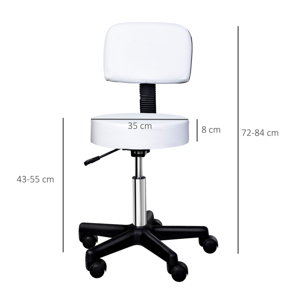Rollhocker Höhenverstellbar Mit Rückenlehne Drehhocker 72-84 Cm Arbeitshocker 360° Drehbar Bürohocker Für Büro Salon Massage Spa Weiß