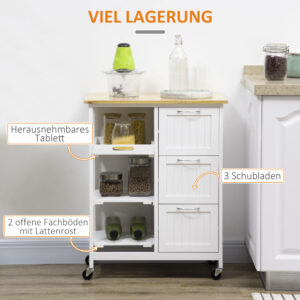 Küchenwagen Im Landhausstil Kücheninsel Küchentrolley Mit 3 Schubladen, Weiß