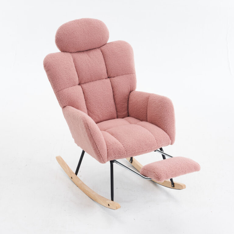 Teddy Fabric Tufted Upholstered Rocking Chair Padded Seat With Headrest And Foldable Footrest For Living Room Bedroom, Pink