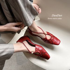 Handcrafted Full-Grain Leather Cage Sandals, Women's Vintage Woven Square Toe T-Strap Flats