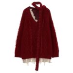 Womens Red Cowl Scarf Tie Cable-knit V-neck Pullover