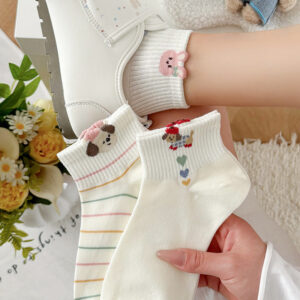 Cute Animal & Bow Embroidered Ankle Socks, Cream White Cotton Casual Socks With Polka Dots & Stripes, Women's Sweet Low-Cut Socks For Everyday & Sneakers