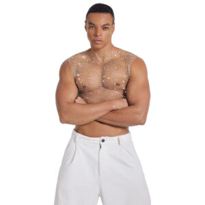 Mens Nightclub Fishnet Sleeveless Vest With Rhinestone Top