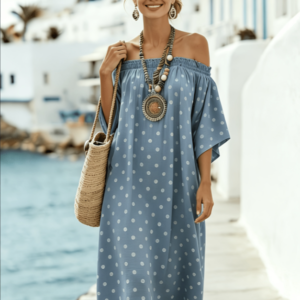Blue Polka Dot Off-the-Shoulder Midi Dress