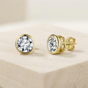 925 Sterling Silver Classic Round CZ Stud Earrings in 14K Gold with Four-Prong Setting