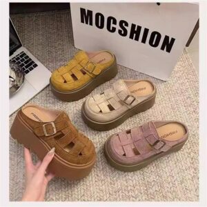 Small Chunky-soled Closed-toe Mule Sandals Hollow-out Roman Style Slippers