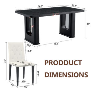 Table And Chair Set.64.5 X 35.4 Inch Stylish Black Wood Color Textured Dining Table.4-pack White PU Dining Chairs Ergonomic Buckle Backrest.Exudes A Strong Sense Of Fashion.