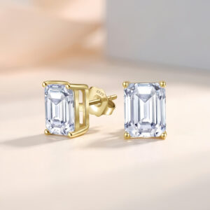 925 Sterling Silver Emerald Cut CZ Gold-Plated Sterling Stud Earrings