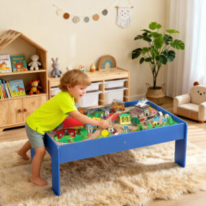 Spieltisch, 108-teiliges Eisenbahn-Set Aus Holz, Mit Abnehmbarer Tischplatte, Eisenbahntisch, 98×60,5×40 Cm, Blau