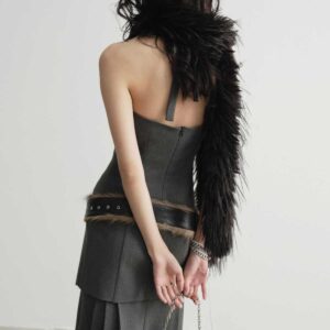 Temperament Gray Hanging Neck Pleated Slit Dress