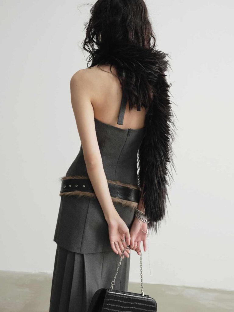 Temperament Gray Hanging Neck Pleated Slit Dress