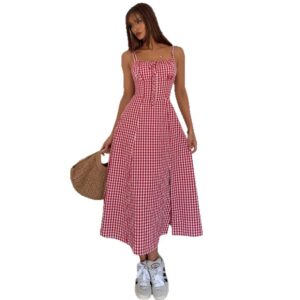 Summer Plaid Sleeveless Strap Dress - Women's Lightweight Casual Mini Dress with V-Neck and A-Line Silhouette