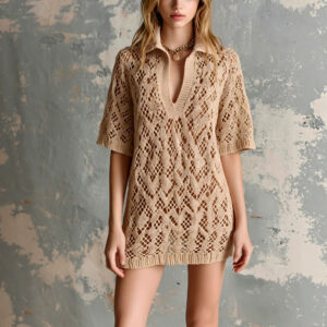 V-neck Short-sleeve Loose Hollow-out Knit Mini Dress