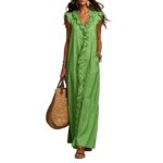 Womens Loose-fitting Casual V-neck Ruffled Sleeveless Dress