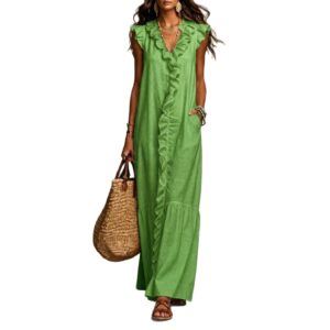 Womens Loose-fitting Casual V-neck Ruffled Sleeveless Dress