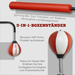 Boxstand, Zwei Speedballs, Drehbare Boxstange, Kickpolster, Höhenverstellbar, Stahl, 107 X 36 X 140-205cm